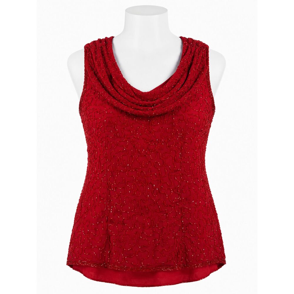 Dressbarn Collection Red Beaded Cowl Neck Sleeveless Evening Top L 3531 - Picture 6 of 6